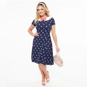 🦋B2G1🦋UNIQUE VINTAGE Navy & Pink Strawberry Print Eloise Swing Dress NWOT